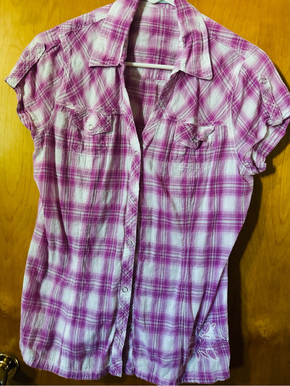 Maurices Purple Plaid Button-Down Short Sleeve Shirt